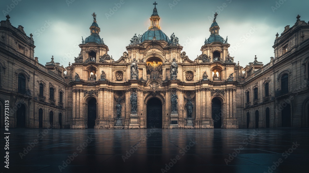 Fototapeta premium Majestic baroque architecture with ornate domes and statues illuminated at night