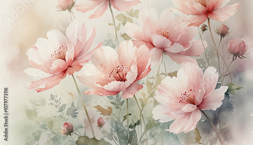 A delicate watercolor soft pink and red flowers painting background. Generative AI