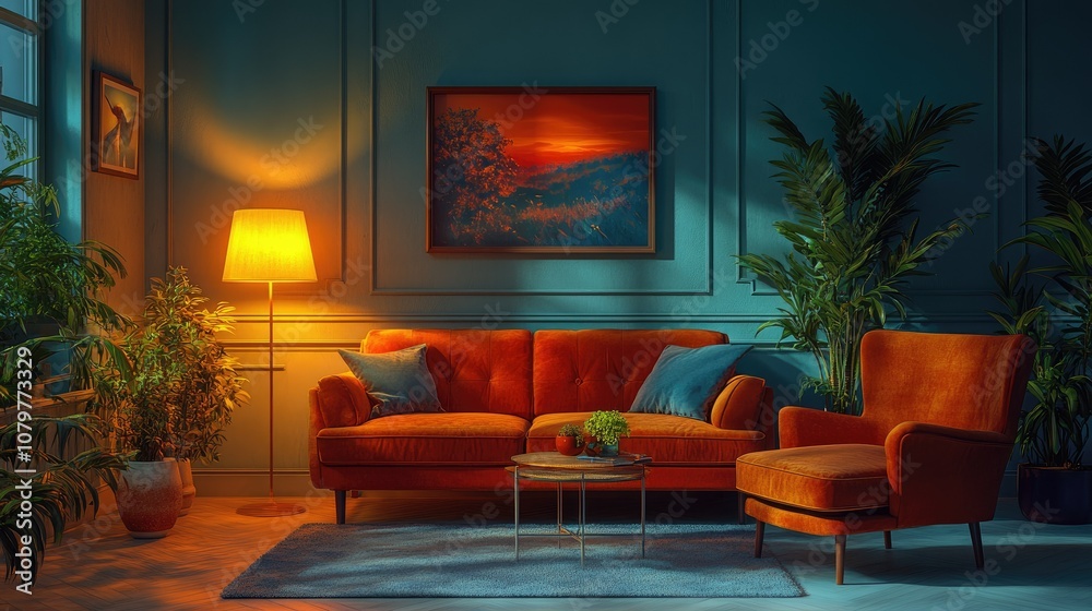 A cozy living room with an orange couch, a coffee table and a painting on the wall. A cozy living room with an orange couch, a coffee table and a painting on the wall.