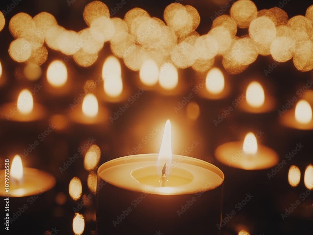 A close-up of a lit candle surrounded by softly glowing candles, creating a warm ambiance. A close-up of a lit candle surrounded by softly glowing candles, creating a warm ambiance.