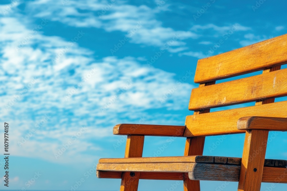 Wooden bench against a blue sky with white clouds. Wooden bench against a blue sky with white clouds.