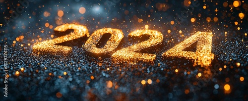 A captivating scene of glowing '2024' numerals set against a cosmic backdrop, perfect for New Year celebrations, party invitations, or festive marketing materials. photo