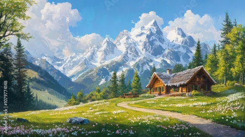 A serene mountain landscape featuring a cozy cabin surrounded by flowers and towering peaks.