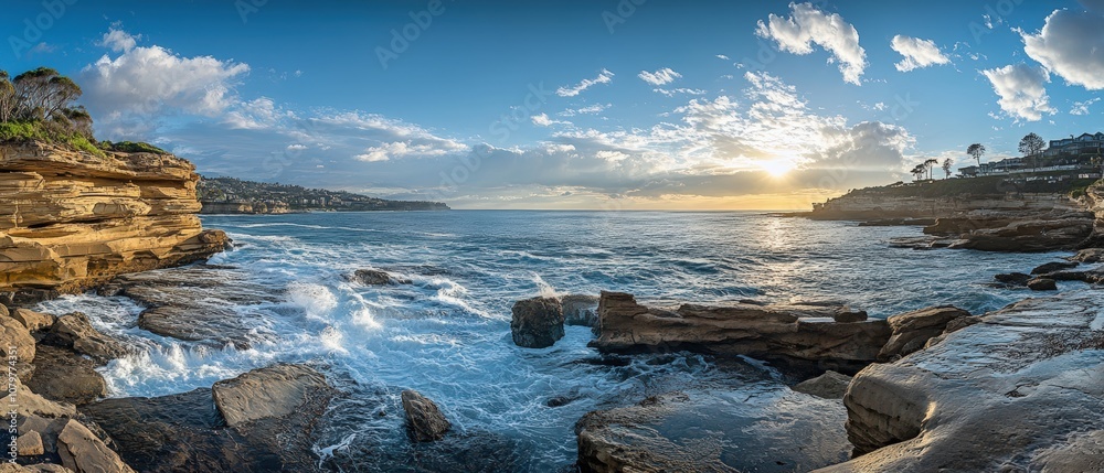 Obraz premium Stunning coastal landscape with dramatic cliffs, crashing waves, and a breathtaking sunset over the ocean