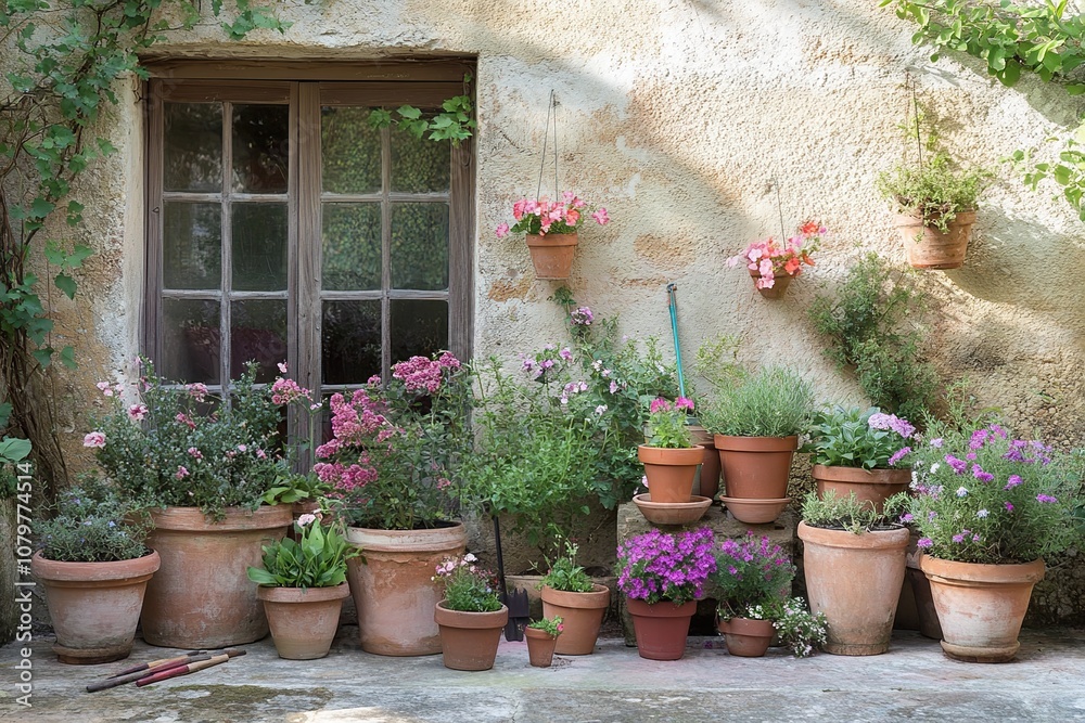 Potted Plants Against a Stone Wall Potted Plants Against a Stone Wall