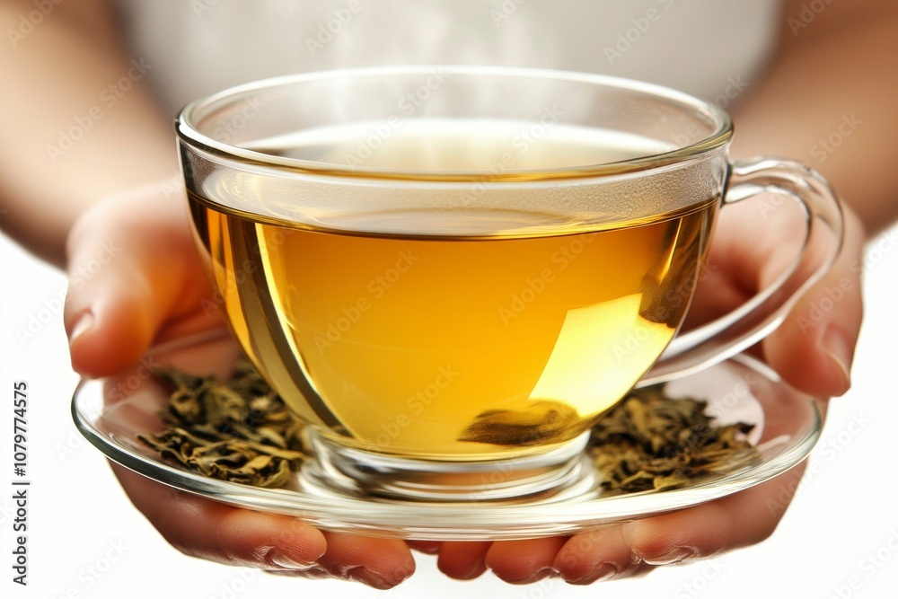 Warm Cup of Tea with Herbal Leaves in Hands Warm Cup of Tea with Herbal Leaves in Hands