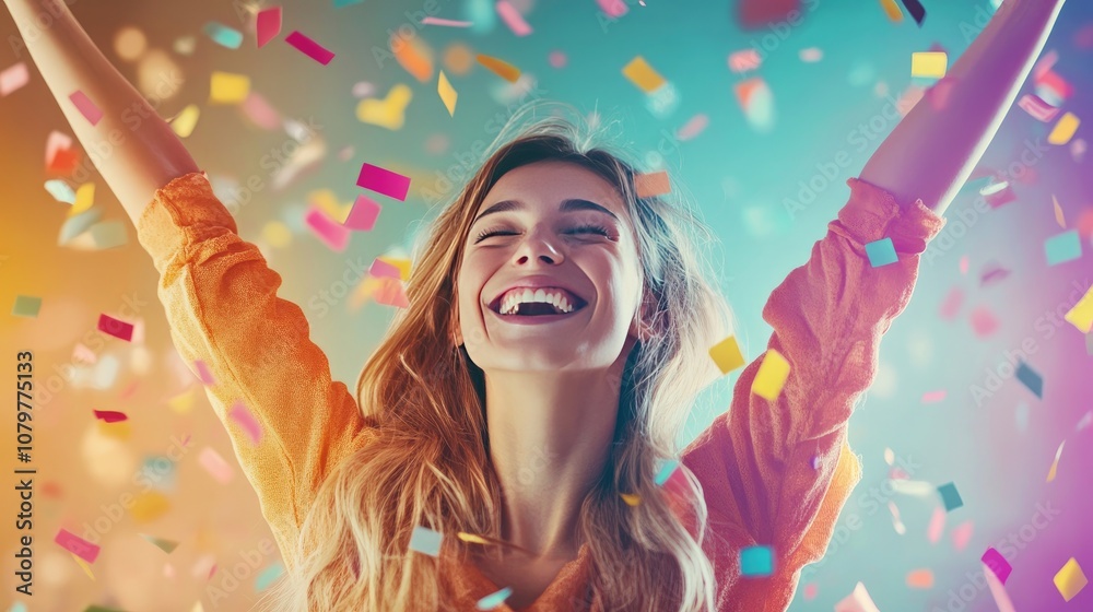 Obraz premium Joyful achievement celebration with a modern, eye-catching background, expressing pride and happiness