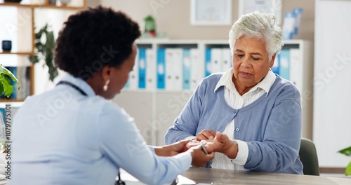 Consulting, hand pain and healthcare with old woman and doctor for arthritis, results or diagnosis. Medical, helping and discussion with people in clinic for treatment plan, checkup and patient exam