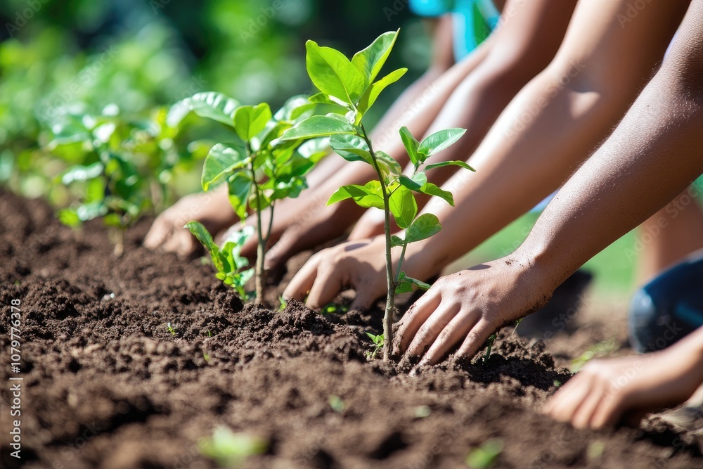Hands planting saplings in the ground. This photo is perfect for illustrating environmentalism, sustainability, or community service projects. Hands planting saplings in the ground. This photo is perfect for illustrating environmentalism, sustainability, or community service projects.