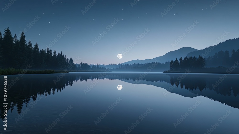 Fototapeta premium Full Moon Reflection in a Still Mountain Lake