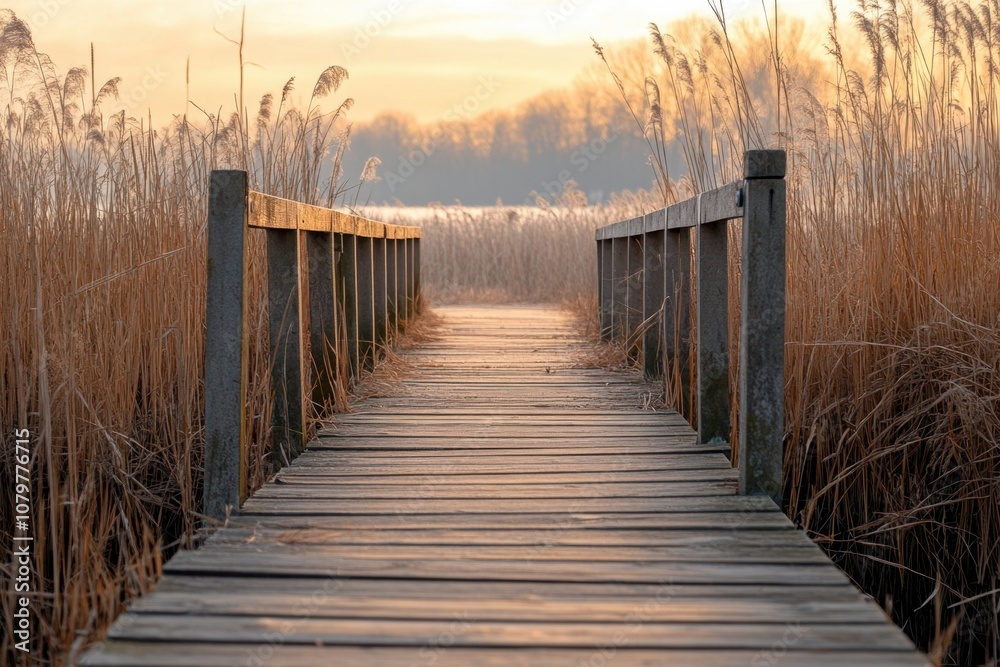 Obraz premium Wooden bridge leading to a foggy lake at sunrise.