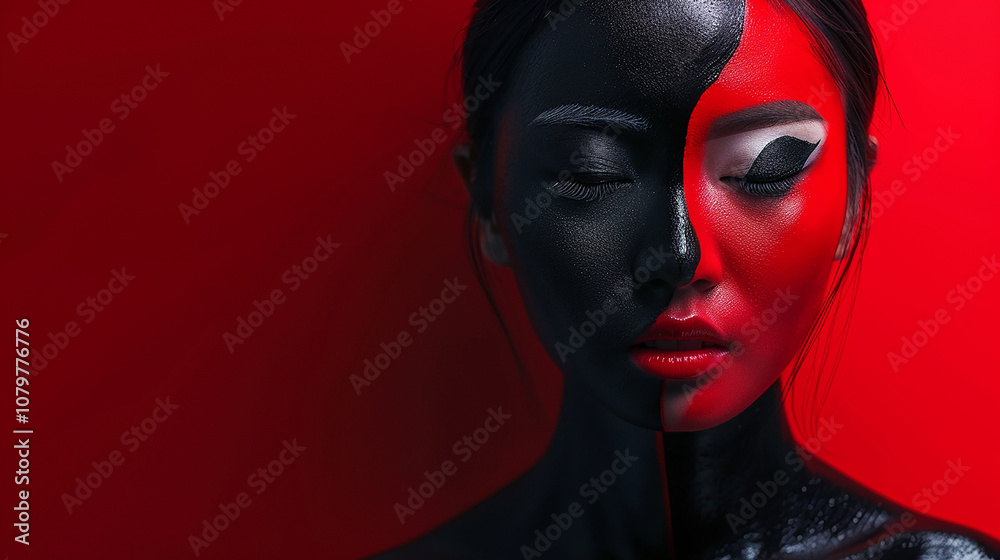 Artistic Portrait of a Woman with Half Black and Half Red Face Paint Against a Bold Red Background, Showcasing Contrast and Creative Expression in Makeup Artistry Artistic Portrait of a Woman with Half Black and Half Red Face Paint Against a Bold Red Background, Showcasing Contrast and Creative Expression in Makeup Artistry