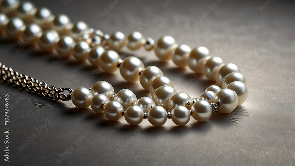 Elegant white pearl necklace arranged in a layered pattern, each pearl perfectly round and luminous Elegant white pearl necklace arranged in a layered pattern, each pearl perfectly round and luminous