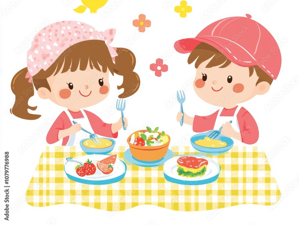 Two children enjoying a meal together, featuring colorful dishes and a cheerful setting. Two children enjoying a meal together, featuring colorful dishes and a cheerful setting.