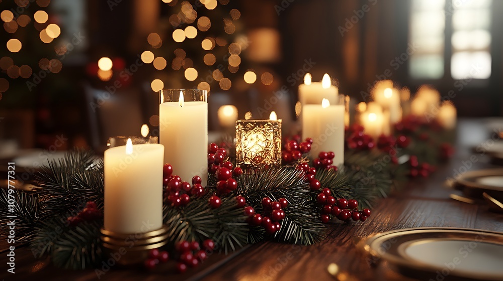 Elegant Christmas dinner table, adorned with a garland centerpiece of pine branches and red berries, white candles creating a warm glow, festive tableware with gold accents, Elegant Christmas dinner table, adorned with a garland centerpiece of pine branches and red berries, white candles creating a warm glow, festive tableware with gold accents,