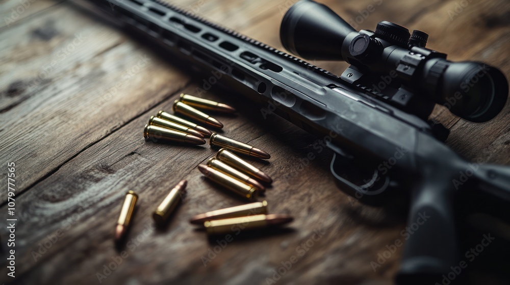 Obraz premium A black, long-barrel firearm with a mounted scope rests on the table, accompanied by its ammunition. Sleek and precise, the setup reflects readiness, power, and attention to detail.