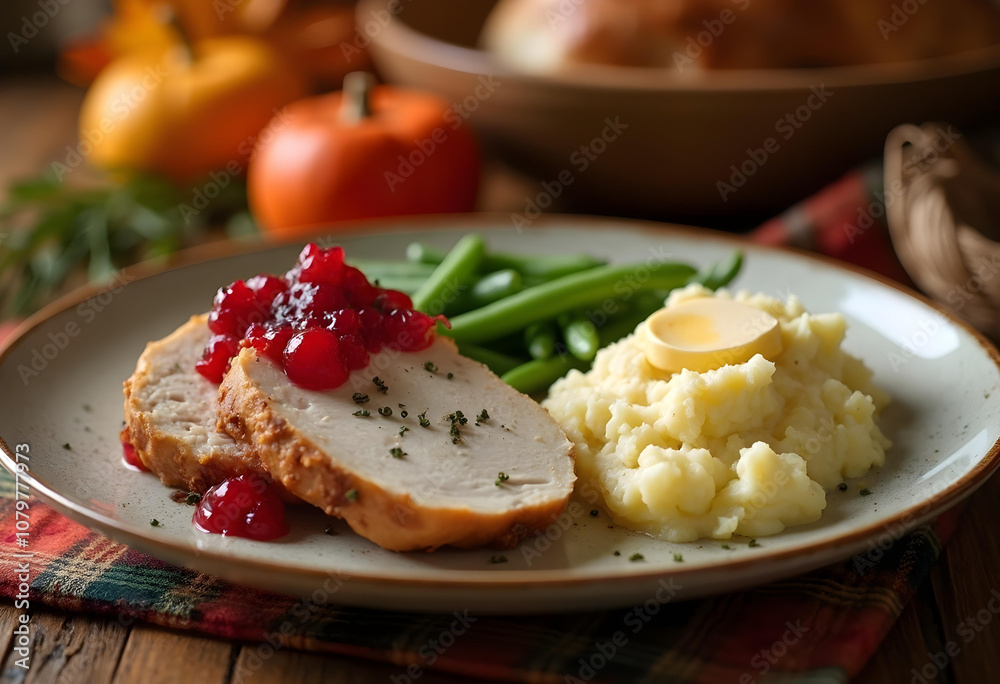 Delicious turkey slices topped with cranberry sauce, served with green beans and creamy mashed potatoes, creating warm, inviting meal perfect for gatherings Delicious turkey slices topped with cranberry sauce, served with green beans and creamy mashed potatoes, creating warm, inviting meal perfect for gatherings