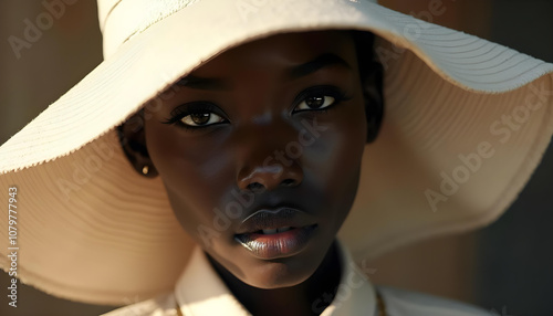 close up portrait of woman wearing wide brimmed hat, showcasing her striking features and deep, expressive eyes. soft lighting enhances her natural beauty and elegance photo