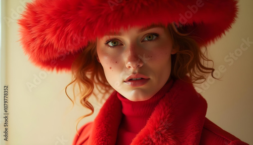 striking portrait of woman wearing vibrant red fur hat and coat, showcasing her captivating green eyes and natural beauty. warm tones create inviting atmosphere photo