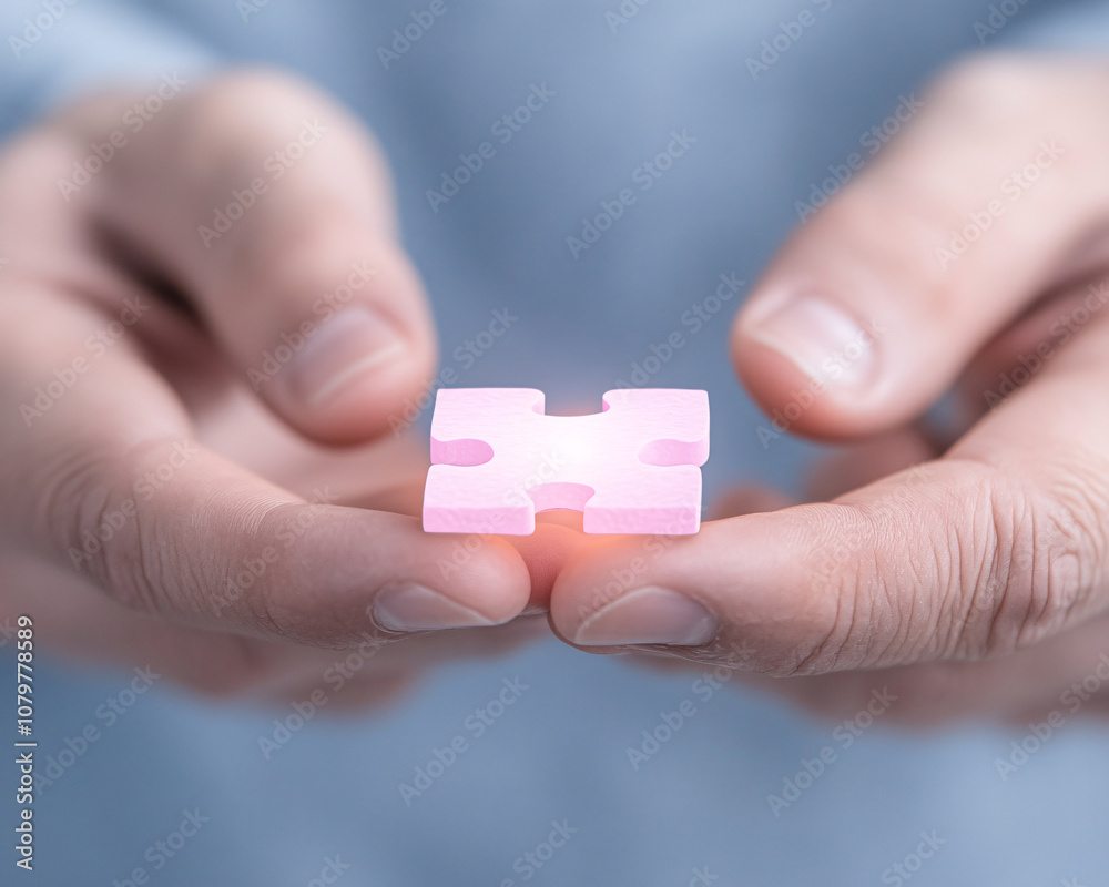 A close-up image of a person holding a pink puzzle piece symbolizing problem solving and connection. A close-up image of a person holding a pink puzzle piece symbolizing problem solving and connection.