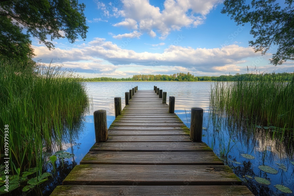 Obraz premium Wooden dock extending into a calm lake with lush green reeds and a blue sky with white clouds.