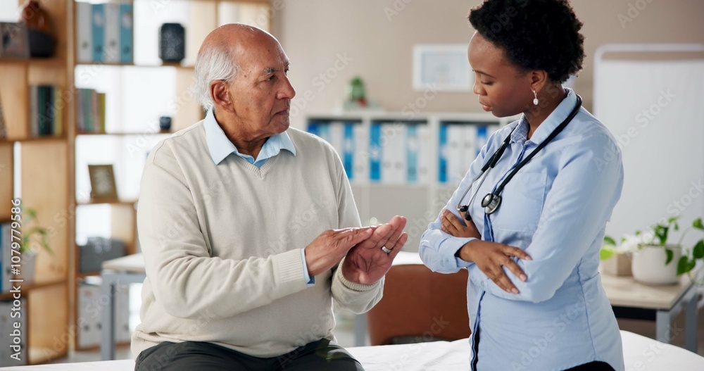 Fototapeta premium Patient, doctor and explain with hand pain at office with arthritis symptoms, diagnosis and consultation. Woman, medical professional and senior man at clinic for assessment, healthcare and ache