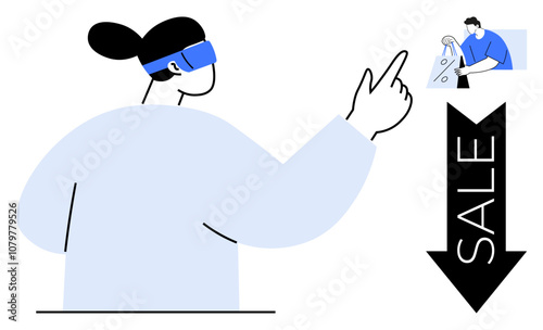 Woman using AR headset points at sale sign, price-tag magnified in inset. Ideal for retail, technology, ecommerce, marketing, digital innovation, shopping future trends. Line metaphor