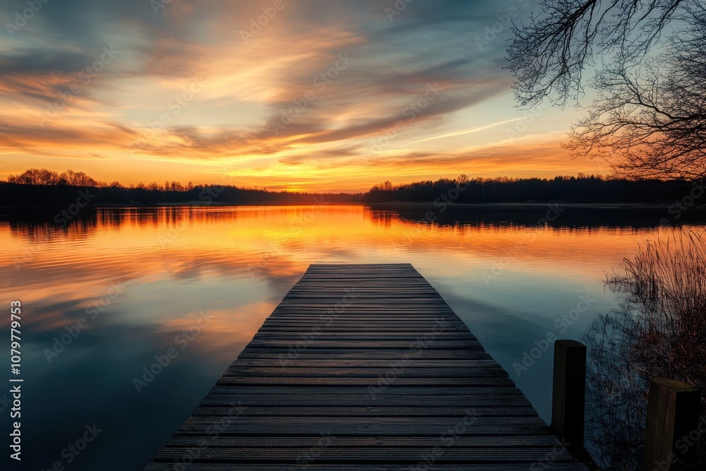 Wooden dock extending into a lake with a stunning sunrise reflected in the water. Wooden dock extending into a lake with a stunning sunrise reflected in the water.