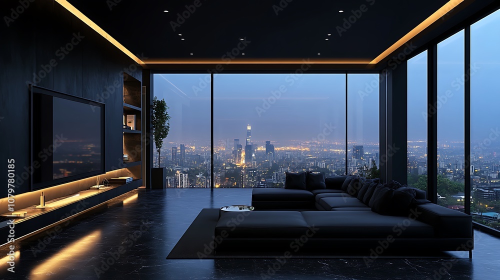 Modern Living Room with Panoramic City View Modern Living Room with Panoramic City View