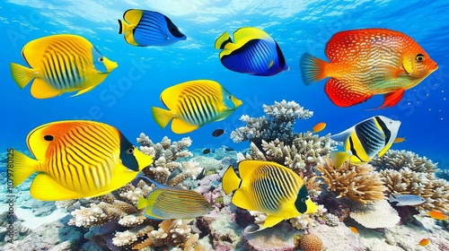 Coral reefs are full of colorful fish in the clear sea