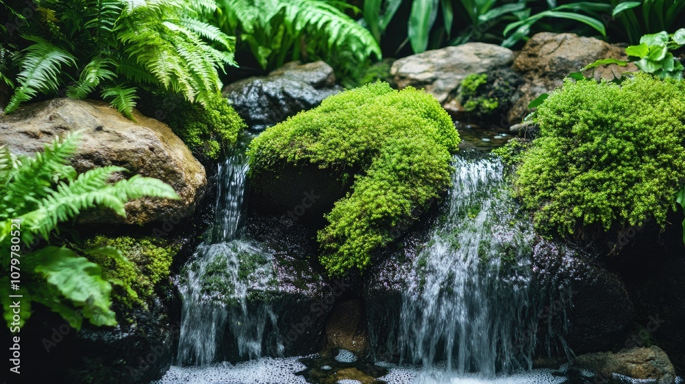 Fototapeta premium A small waterfall cascades over moss-covered rocks in a lush, green tropical garden.