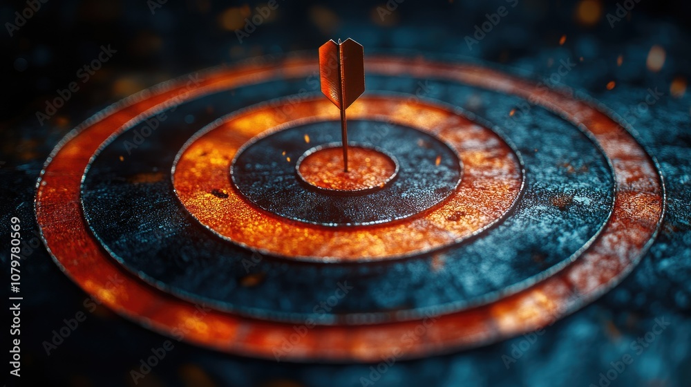 A single arrow pierces the bullseye of a fiery, metallic target. A single arrow pierces the bullseye of a fiery, metallic target.