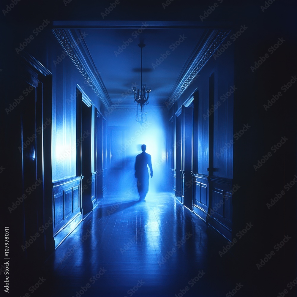 Mysterious figure walking through a dark, eerie hallway Mysterious figure walking through a dark, eerie hallway