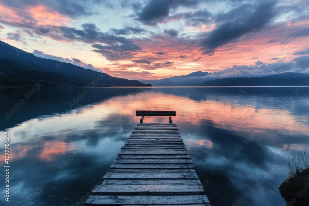 Naklejka premium Wooden dock extends into a lake with a stunning sunset and mountain range in the background.