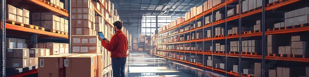 Organized Warehouse Interior with Advanced Digital Tracking and Modern Logistics Management Organized Warehouse Interior with Advanced Digital Tracking and Modern Logistics Management