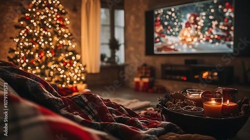 Festive living room for a Christmas movie night, sofa covered in a soft plaid blanket, decorated Christmas tree glowing warmly, big screen playing a classic holiday movie,