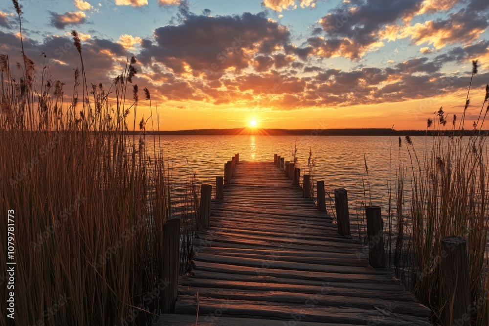 Wooden dock leading into the sunset over a calm lake. Wooden dock leading into the sunset over a calm lake.
