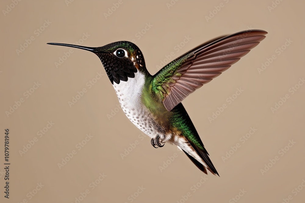 Naklejka premium Mesmerizing Close-Up of a Black-Capped Hummingbird in Flight on a Neutral Background