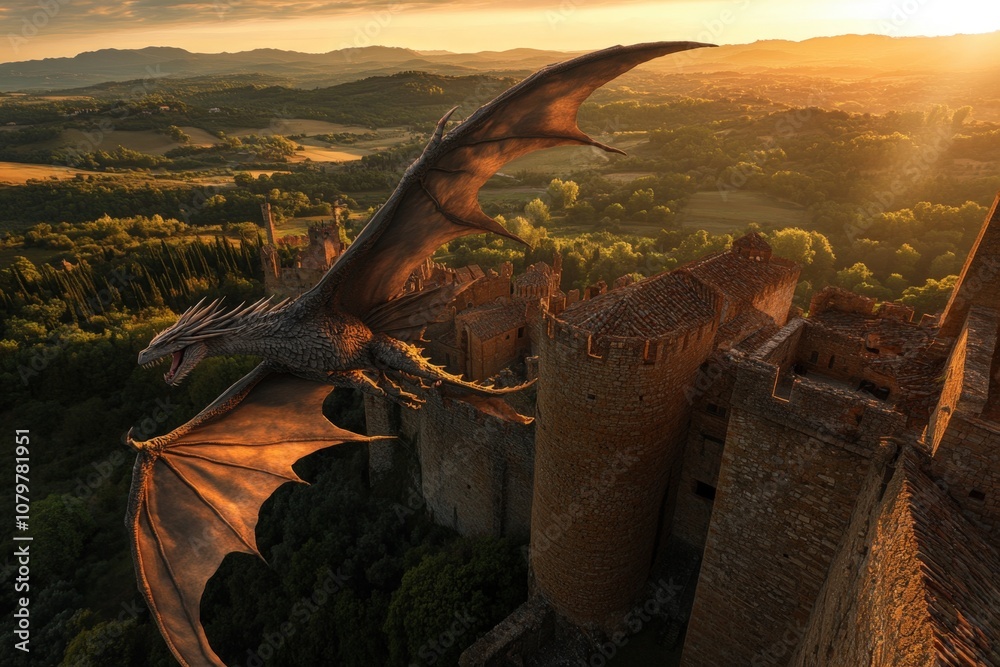 Fototapeta premium Majestic dragon soaring over a medieval castle at sunset