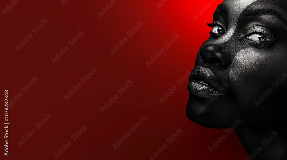 Profile of a woman with intricate face patterns, showcasing strength and beauty against a vibrant red background, capturing a striking visual contrast and emotional depth. Profile of a woman with intricate face patterns, showcasing strength and beauty against a vibrant red background, capturing a striking visual contrast and emotional depth.