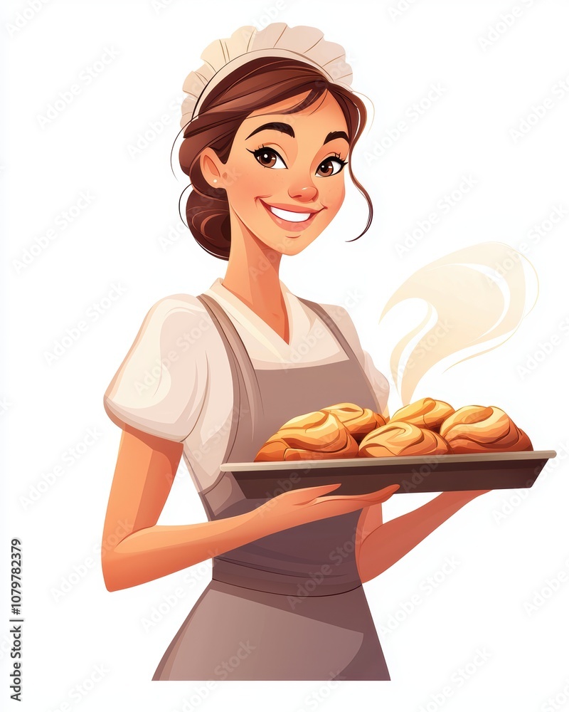 Baker woman holding fresh pastries, white isolated background Baker woman holding fresh pastries, white isolated background