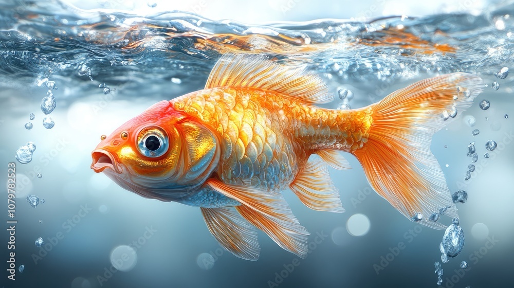 A vibrant goldfish swims through clear water, its scales shimmering in the sunlight. A vibrant goldfish swims through clear water, its scales shimmering in the sunlight.
