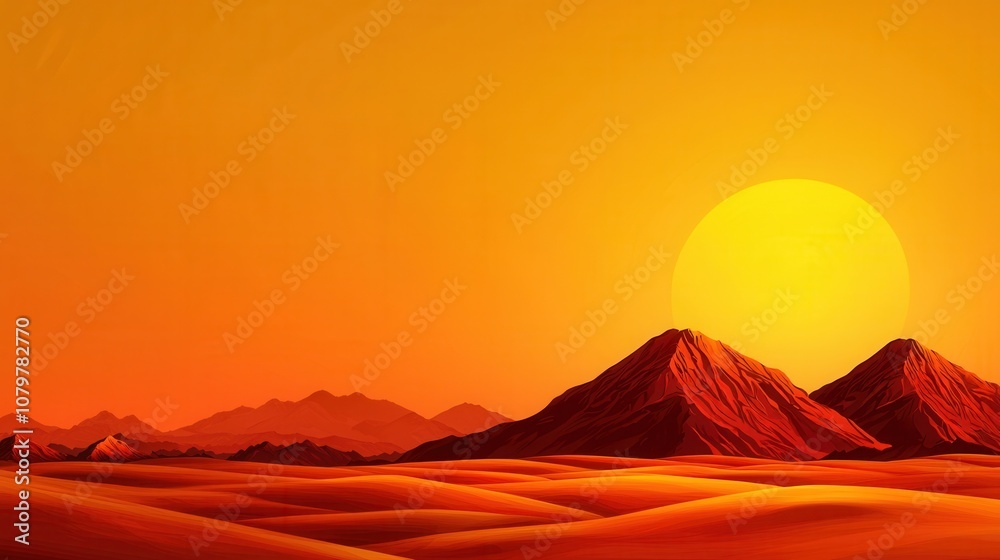 The image shows a dramatic sunset over mountains, with a golden sun casting an orange hue across a sandy landscape. The image shows a dramatic sunset over mountains, with a golden sun casting an orange hue across a sandy landscape.