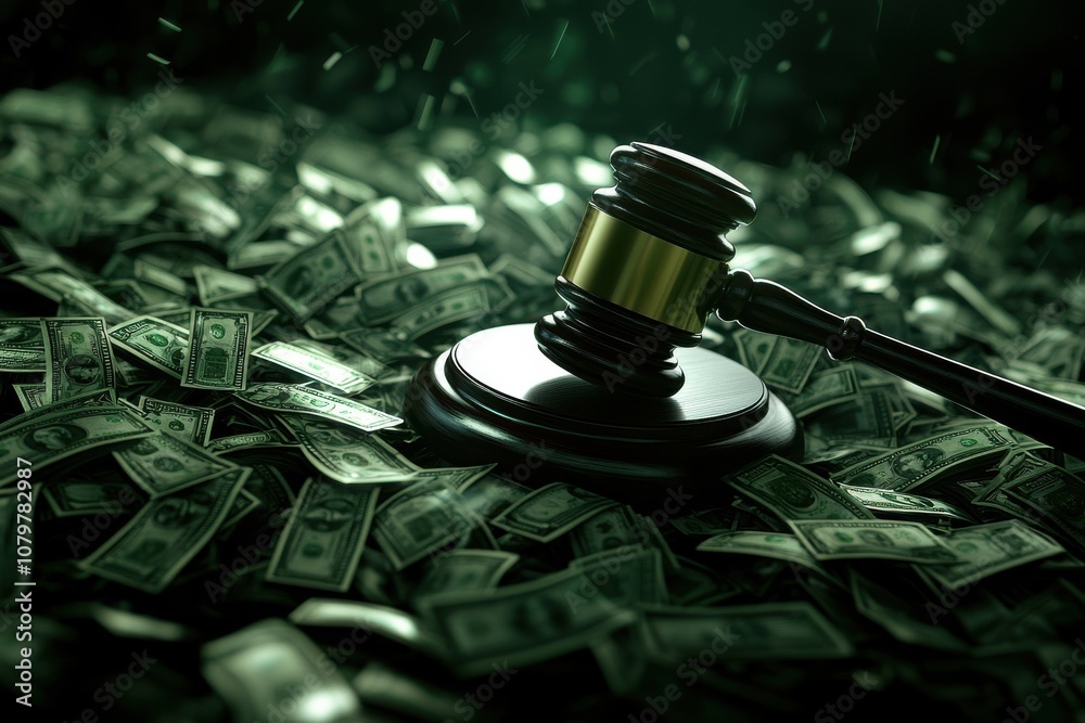 A gavel rests on a pile of money, symbolizing justice, law, and the intersection of finance and judiciary in a dramatic scene. A gavel rests on a pile of money, symbolizing justice, law, and the intersection of finance and judiciary in a dramatic scene.