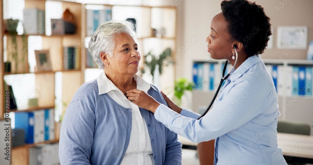 Obraz premium Woman, doctor and senior person with stethoscope, checkup or medical advice at clinic consultation. Help, healthcare and elderly patient in office with lung test, heart beat or chest exam in hospital