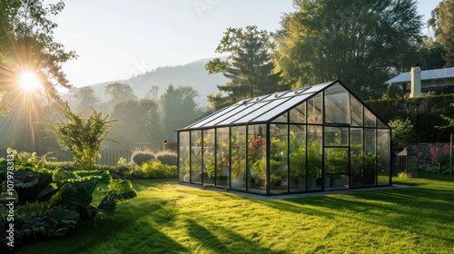 A small glass greenhouse in the garden, filled with vibrant plants. The transparent walls let in plenty of sunlight, creating a perfect, sheltered space for nurturing growth and greenery.