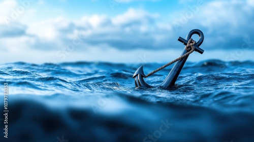 A sleek anchor partially submerged in calm blue waters, with an expansive sky in the background, embodies themes of stability and maritime life.