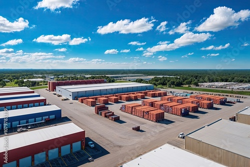 Logistics Site Featuring an Inventory Warehouse and Expansive Market Area Under a Bright Blue Sky