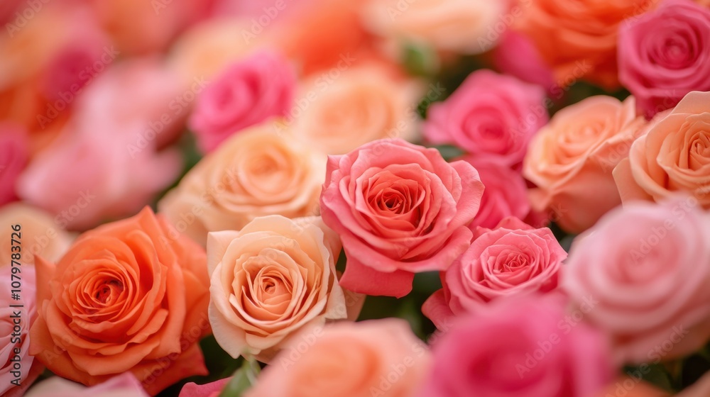 A vibrant display of roses in varying shades of pink and orange, showcasing their delicate petals and natural beauty. A vibrant display of roses in varying shades of pink and orange, showcasing their delicate petals and natural beauty.