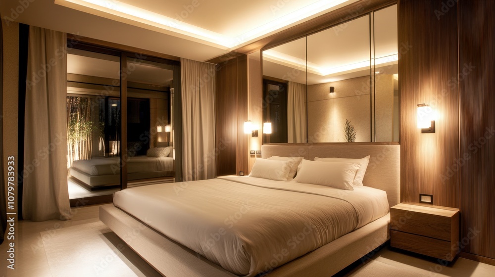 Fototapeta premium Elegant and modern hotel bedroom interior with large bed, mirrored closet, and warm lighting